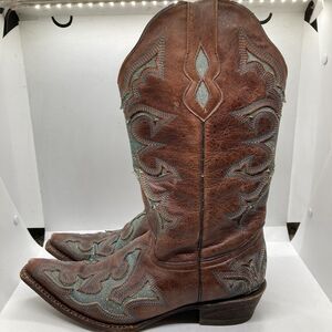 Pecos Bill Womens Western Boots Size 8.5 Brown Leather Turquoise Inlay Festival